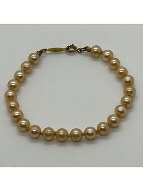 Vintage Napier Champagne Faux Pearl Beaded Bracelet Gold Tone Signed Retro Jewel